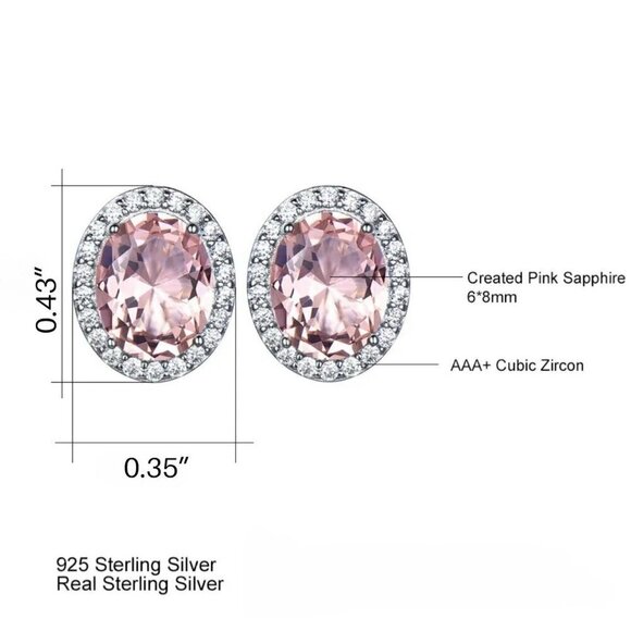 NWT Oval Pink Sapphire Stud Earring 14K Gold Over 925 Silver CZ Halo Feminine - Picture 3 of 8